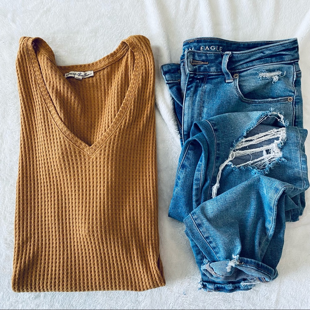 Ochre Yellow Gold Fall V-neck Waffle Knit Shirt Size Small